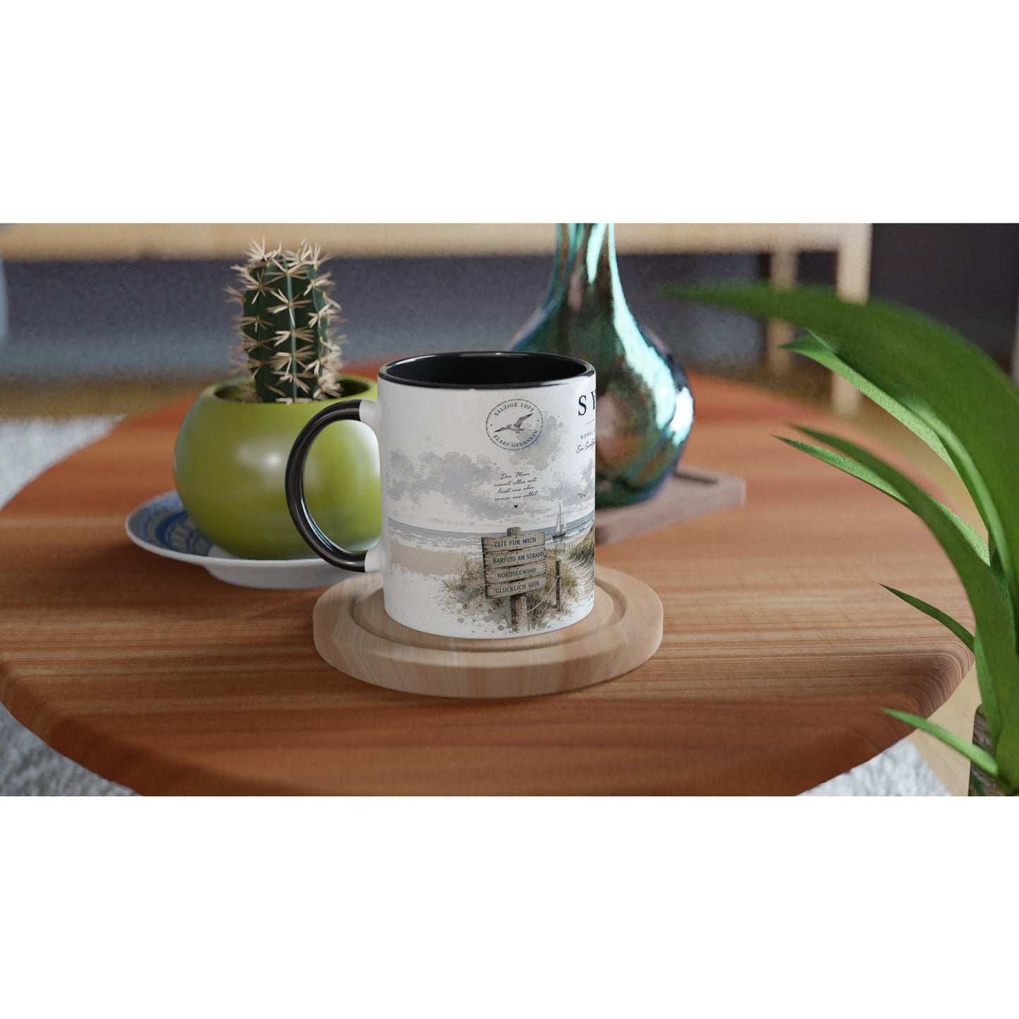 Sylt Black Edition Tasse 330 ml mit schwarzem Henkel, Leuchtturm Illustration und nordischem Küstenmotiv