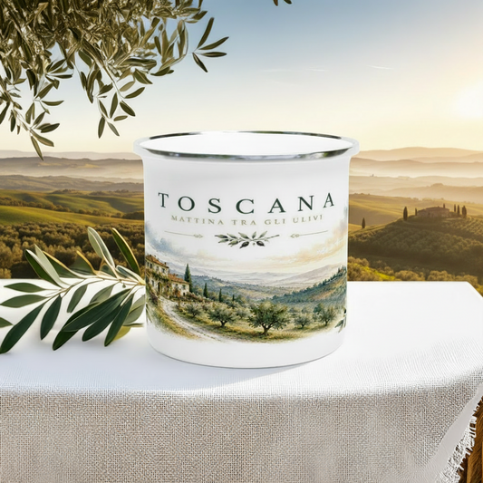 Toskana Emaille Becher 350 ml – Olivenhain im italienischen Aquarellstil