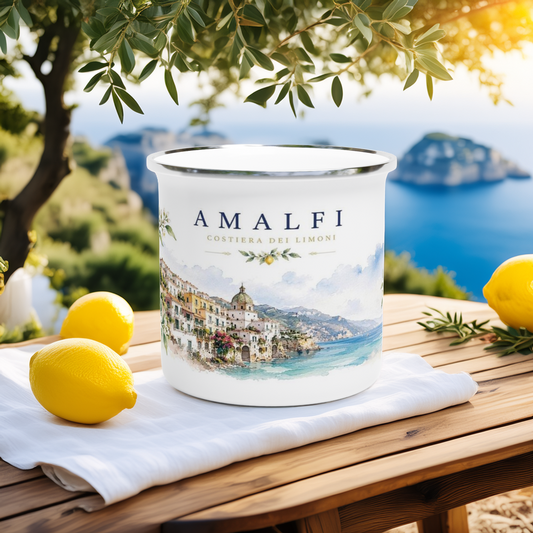 Amalfi Illustration mit Zitronen und historischem Küstenort