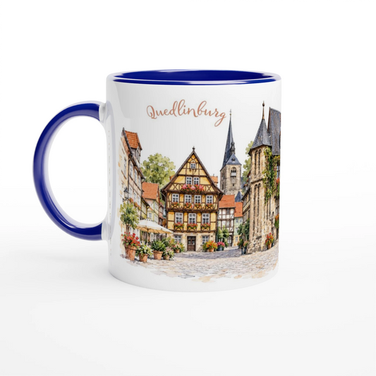 Detailreiche Aquarellillustration von Quedlinburg mit historischem Rathaus, Fachwerkhaeusern, gepflastertem Marktplatz und Stiftskirche auf dem Schlossberg