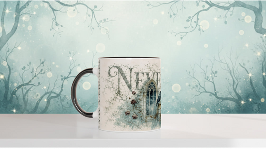 Dark-Academia-Tasse mit neugotischer Architektur, Gartenmauer und zwei schwarzen Raben