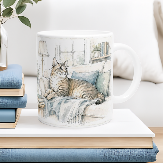 Liebevolle Wohnzimmerillustration mit Katze, Kaffee und wohnlicher Atmosphaere