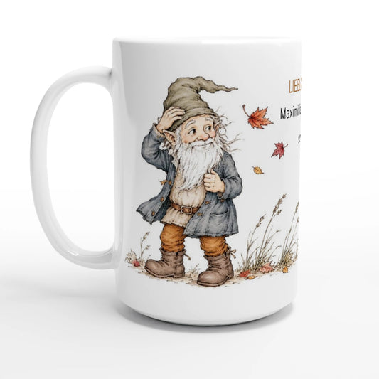 Herbstliche Tassenillustration mit bärtigem Gnom und Gnomin zwischen feinen Gräsern und vom Wind getragenen Herbstblättern.