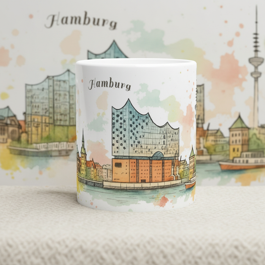 Keramiktasse mit Hamburger Skyline, Hafenarchitektur und bekannten Wahrzeichen in sanften Aquarellfarben