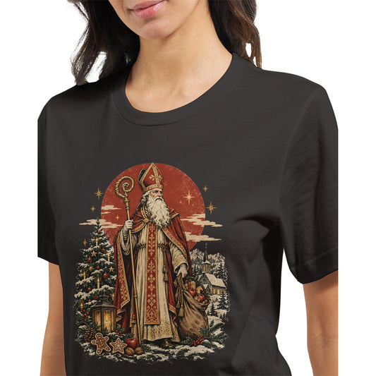 Heiliger Nikolaus T-Shirt in Vintage Black mit traditioneller St.-Nicholas-Illustration, Bischofsstab und markantem Vintage-Design für Nikolaustag und Advent