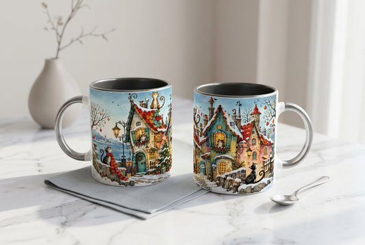 Weiße Keramiktasse mit schwarzem Henkel und schwarzer Innenseite, Katzen im verschneiten Dorf, Weihnachtsbaum und leuchtenden Fenstern