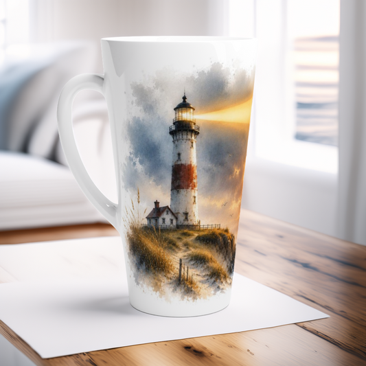 Maritime Aquarellszene mit Leuchtturm, Küste und goldenem Abendlicht