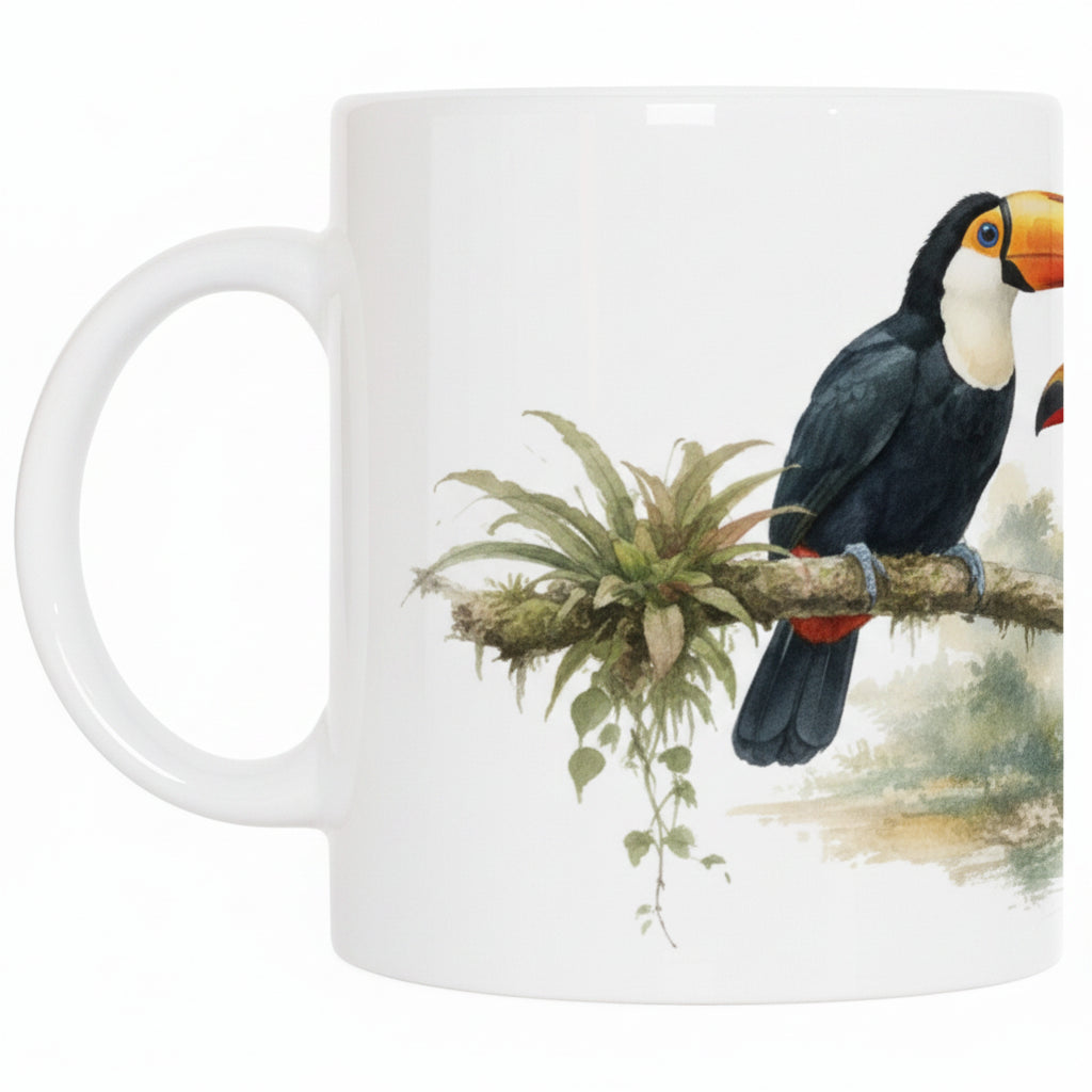 Tropische Tierillustration mit Tukanpaar, Ast und dezenten Pflanzen im Hintergrund