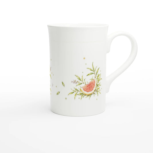 Pampelmuse Tasse aus weißem Porzellan mit gelber Zitrusfrucht und rosafarbenem Fruchtfleisch im Aquarellstil