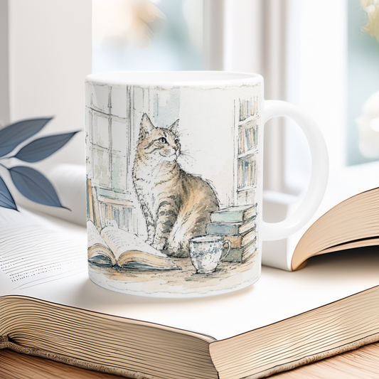 Keramiktasse mit ruhiger Bibliothekskatze, Buecherstapel und heller Leseecke