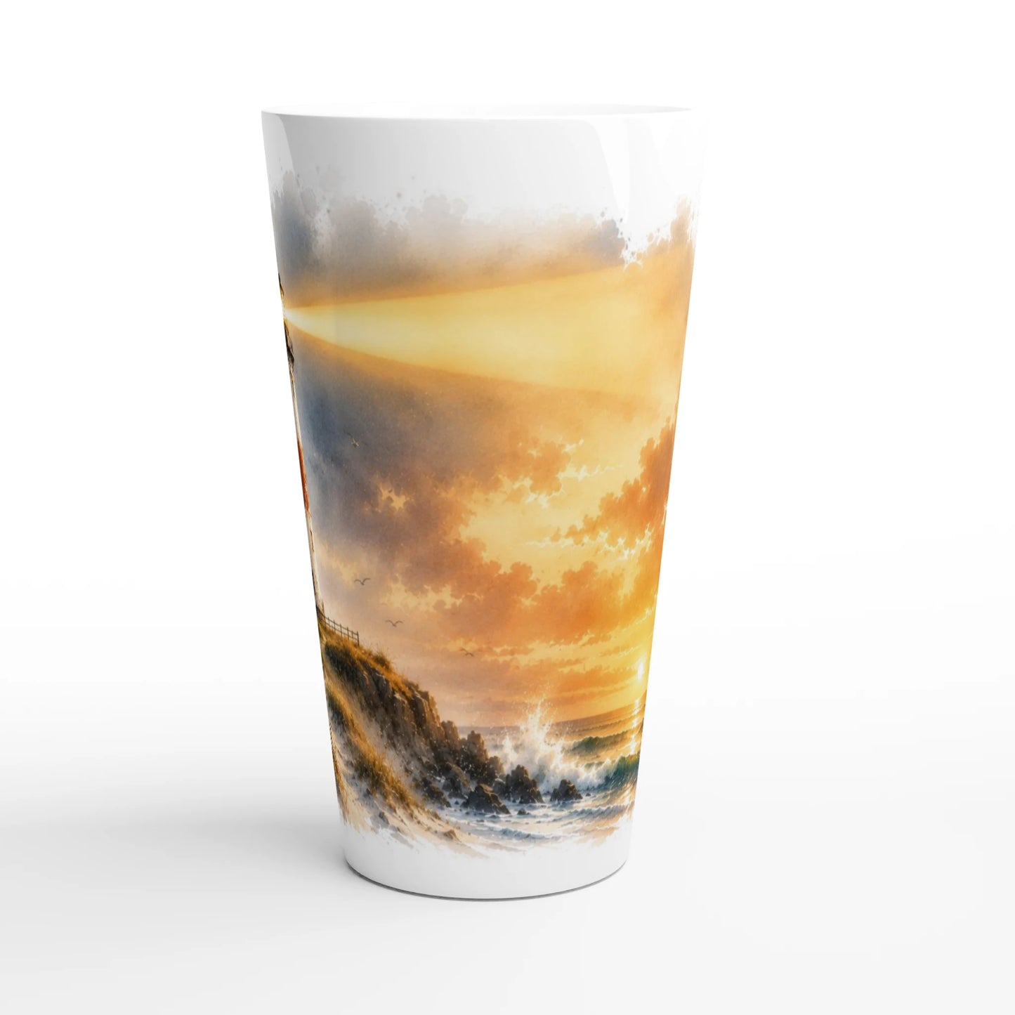 Künstlerisches Aquarellmotiv mit Sonnenuntergang und maritimer Atmosphäre
