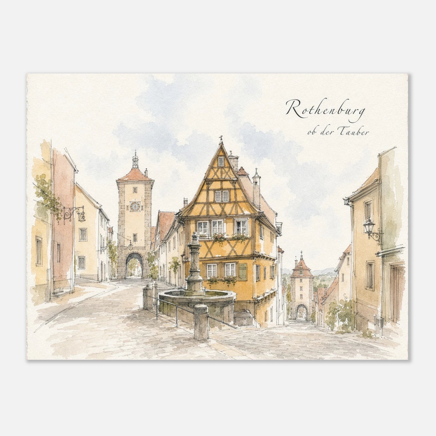 Atmosphärisches Rothenburg-Wandbild mit historischem Plönlein in Aquarelloptik