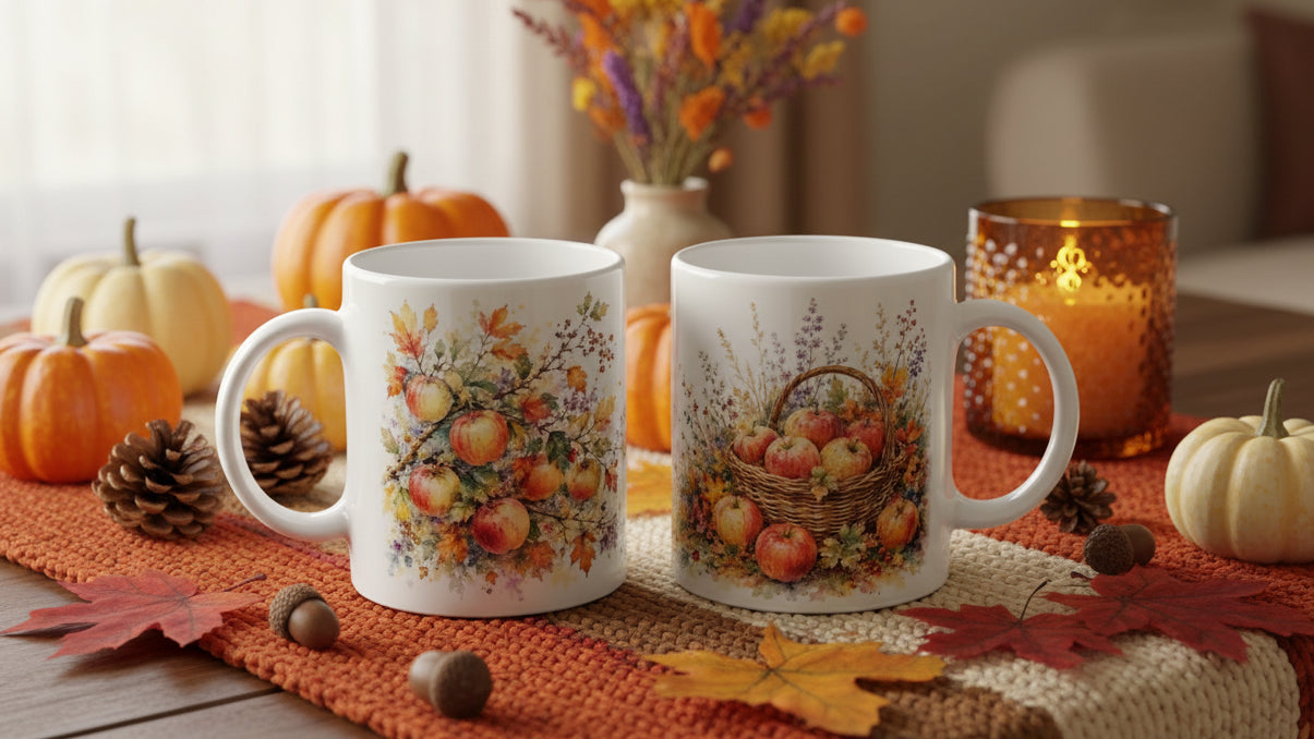 Weiße Apfel Tasse mit reifen Früchten, herbstlichem Zweig und gefülltem Weidenkorb als detailreiches Aquarellmotiv