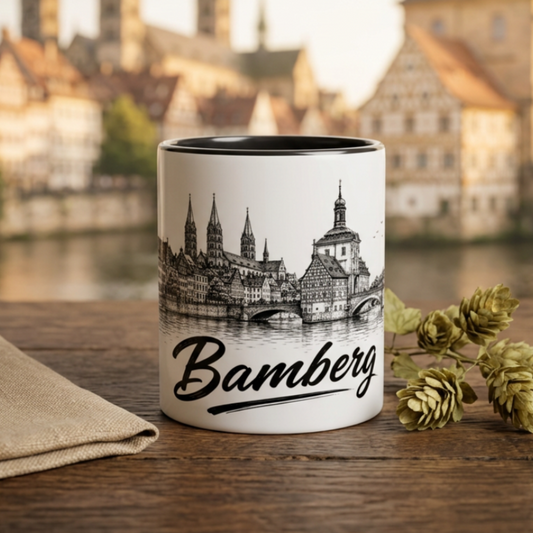 Bamberg Tasse 330 ml mit Schwarz-Weiß-Skyline, historischem Altstadtmotiv, Brücke, Dom und großem Bamberg Schriftzug.