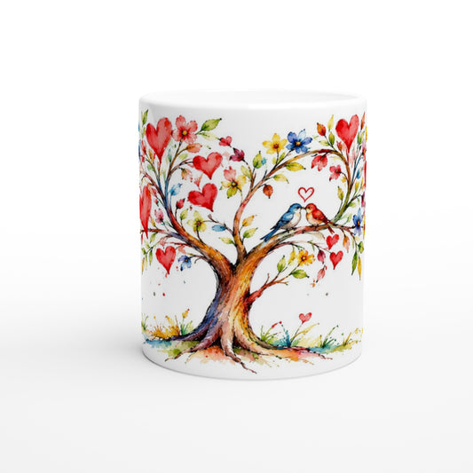 Keramiktasse mit dem Baum der Liebe im Aquarellstil. Zwei verliebte Vögel und Herzmotive bilden eine symbolische Illustration für Liebe und Verbundenheit.