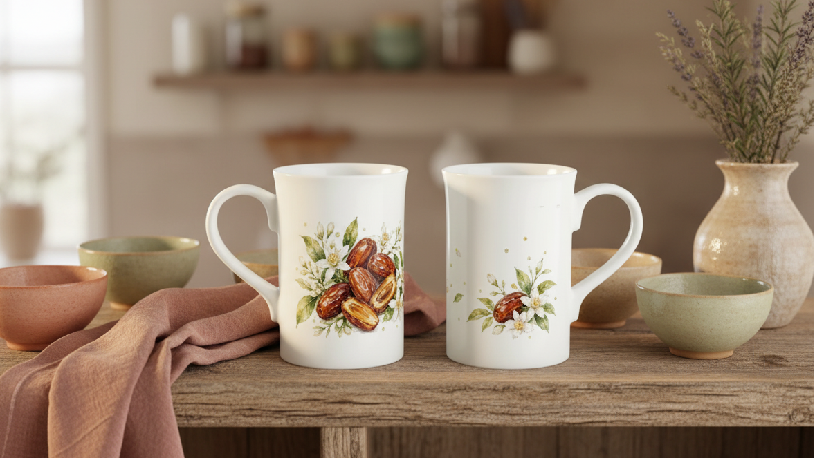 Schlanke Porzellantasse mit Dattelmotiv, weißen Blüten und frischem grünem Blattwerk