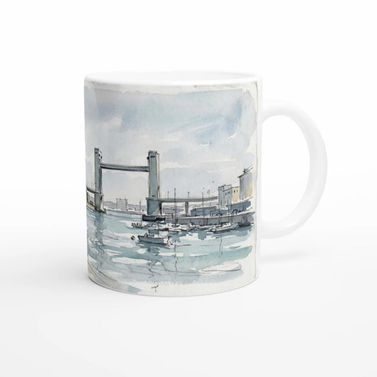 Detailansicht der Brest Tasse mit der markanten Hafenbrücke und ihren hohen Pfeilern vor einem hell aquarellierten Himmel