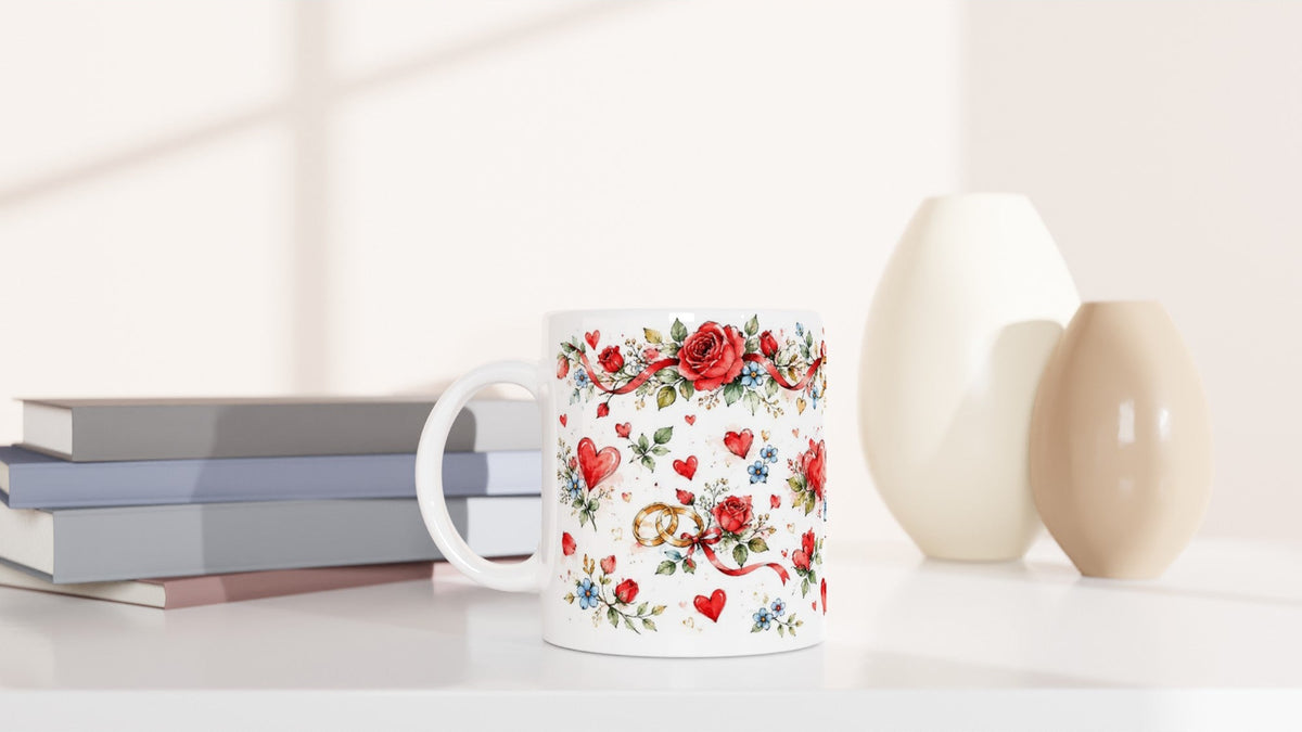 Keramiktasse mit 330 ml und einem romantischen Aquarelldruck aus Eheringen, Rosen und Herzen. Eine liebevolle Aufmerksamkeit für ein Paar zum Hochzeitstag.
