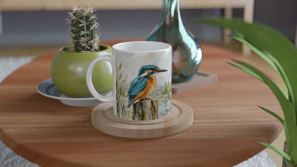 Vogeltasse mit blau-orangefarbenem Eisvogel im Stil eines Naturgemäldes – Keramiktasse 330 ml