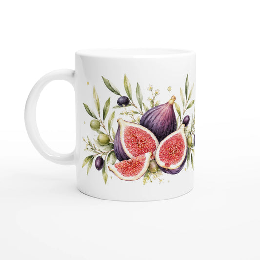 Zwei Ansichten der Feigen Oliven Tasse mit großem Feigen-Oliven-Aquarell auf einer Seite und kleiner botanischer Komposition auf der anderen.