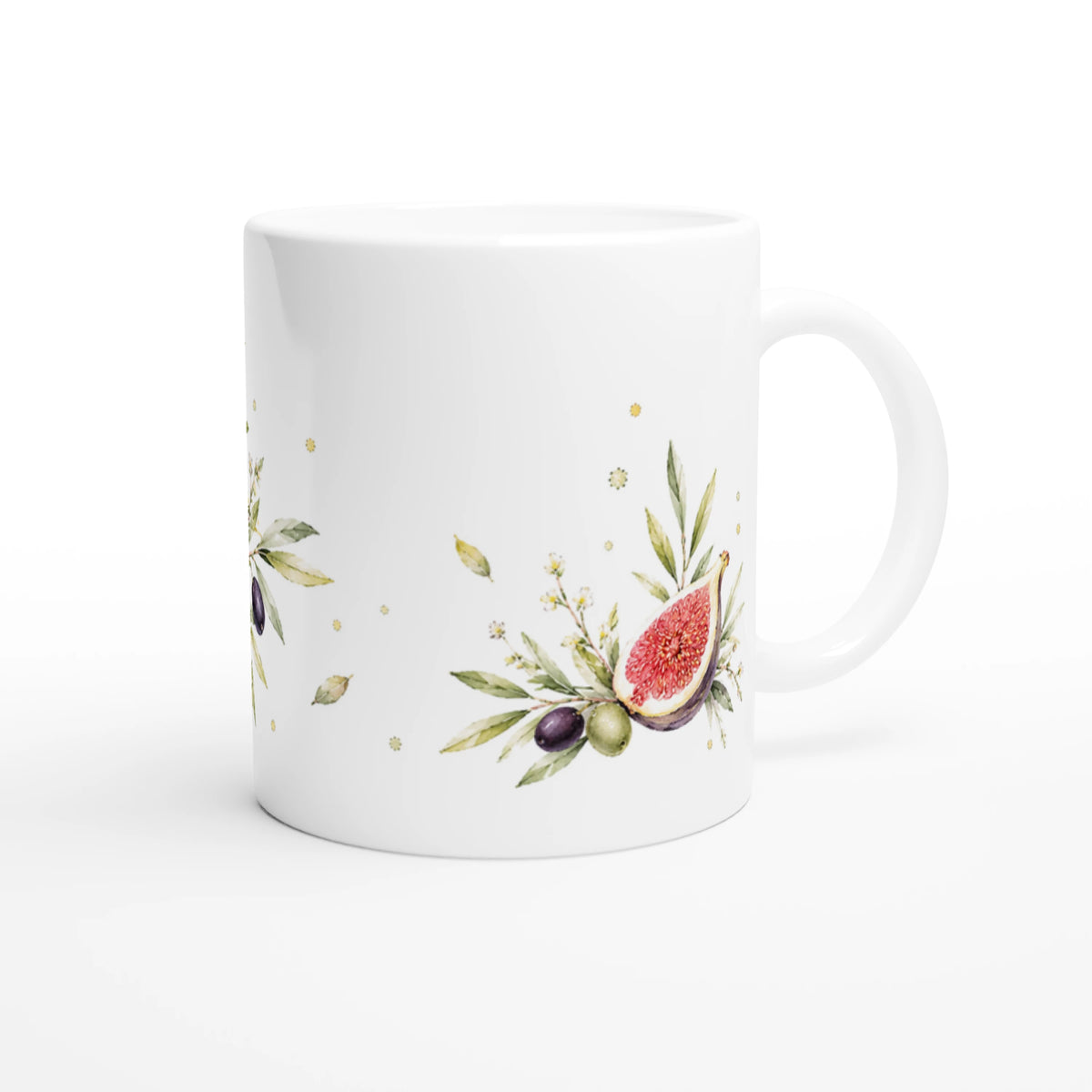 Weiße Feigen Oliven Tasse 330 ml mit kleinem Gegenmotiv aus aufgeschnittener Feige, Oliven, Blüten und feinem grünen Blattwerk.