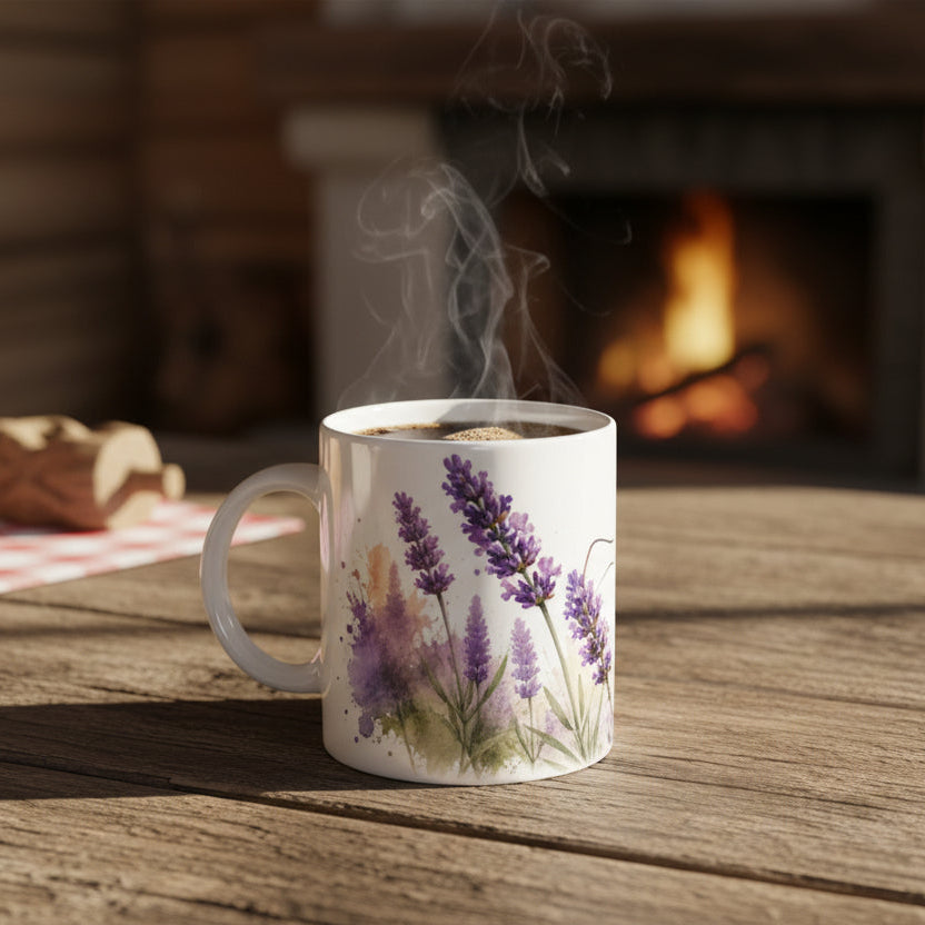 Sommerliche Lavendel Tasse mit Faltermotiv im leichten Cottagecore- und Naturstil.