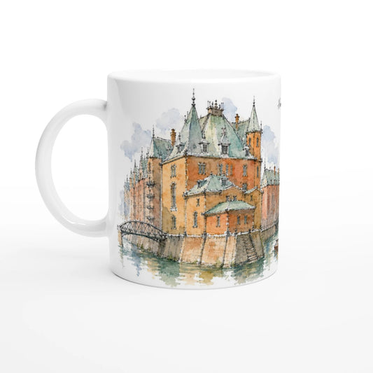 Hamburg Tasse 330 ml mit der Speicherstadt, filigranen Bruecken, Backsteingebaeuden und ruhigem Wasser im Aquarellstil