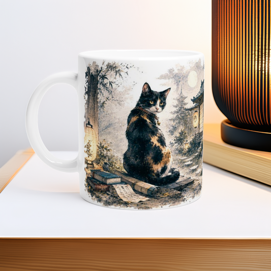 Japanisches Yōkai Motiv mit Katze, Mondlicht und Laternen