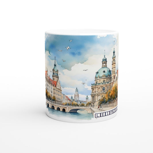 Leipzig Tasse 330 ml mit ehemaligem Reichsgerichtsgebäude und heller Stadtlandschaft im Aquarellstil