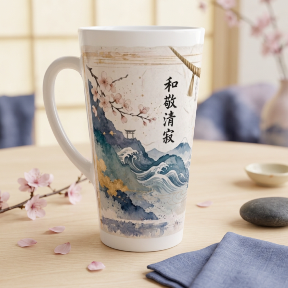 Japan inspirierte Latte Tasse mit Maneki Neko Motiv, Sakura Zweigen und ruhigem Zen Ambiente als besondere Geschenkidee