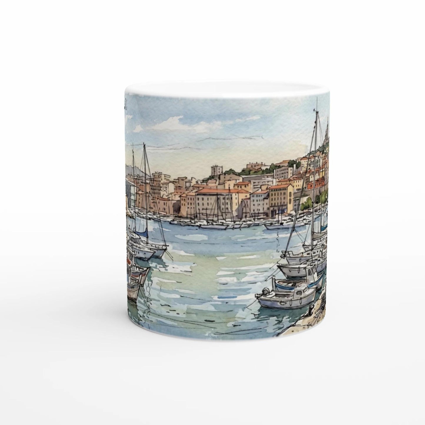 Detailansicht der Marseille Tasse mit mediterranem Hafenbecken, Masten, Booten und feiner Tuschezeichnung