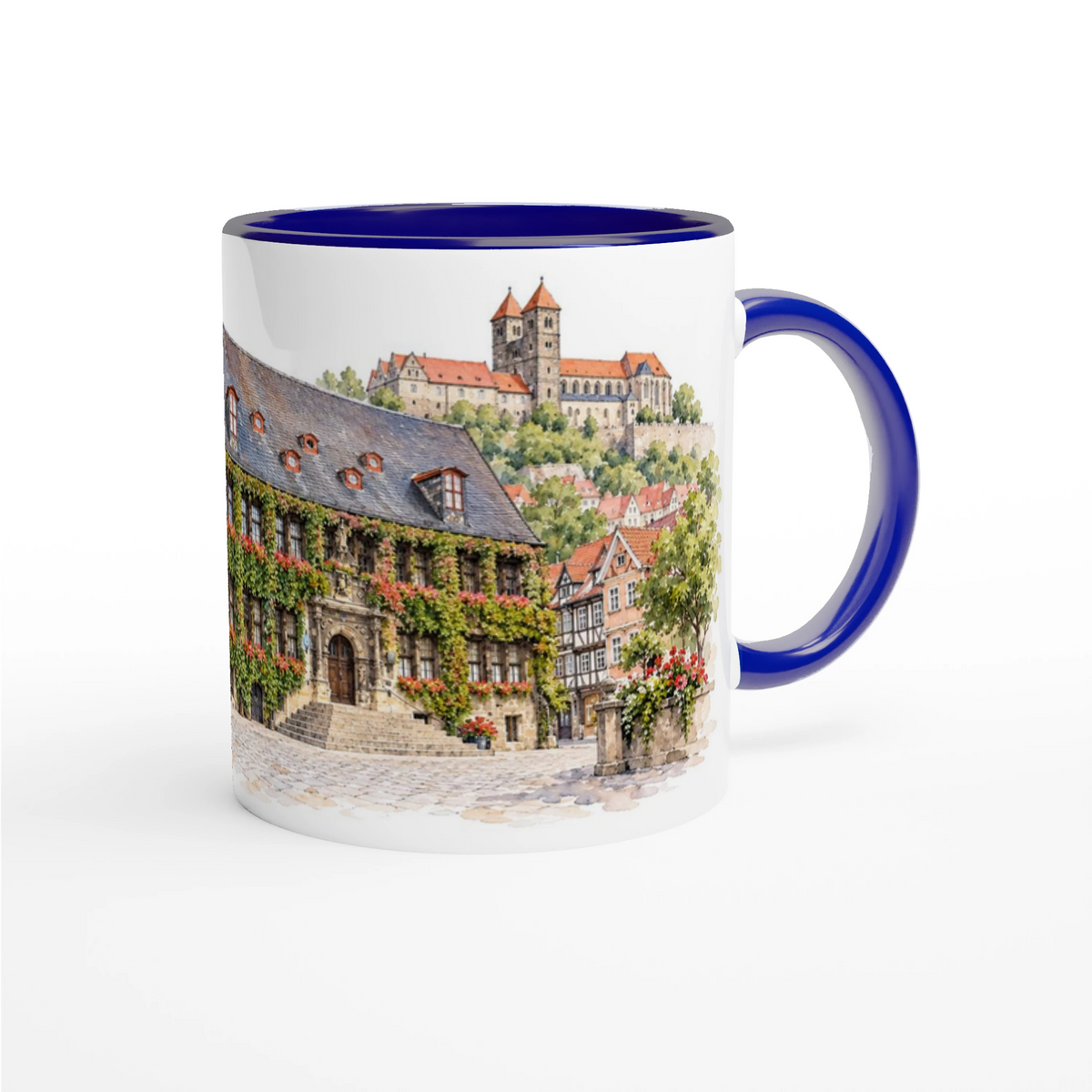 Quedlinburg Keramiktasse mit historischem Altstadtmotiv als Geschenkidee fuer Harzliebhaber, Heimatverbundene, Reisende und Freunde malerischer Fachwerkstaedte