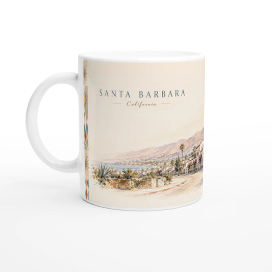 Zwei Ansichten der Santa Barbara California Tasse zeigen die Küstenlandschaft mit Bergen auf einer Seite sowie weiße Arkadenhäuser, Palmen und rote Bougainvillea auf der anderen