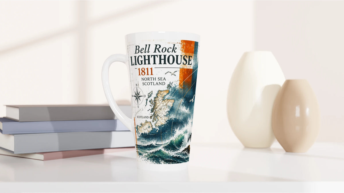 Bell Rock Latte-Tasse mit dramatischem Leuchtturm-Motiv im Sturm als Geschenkidee für Schottland-Reisende, Leuchtturm-Sammler und Liebhaber der Nordsee.