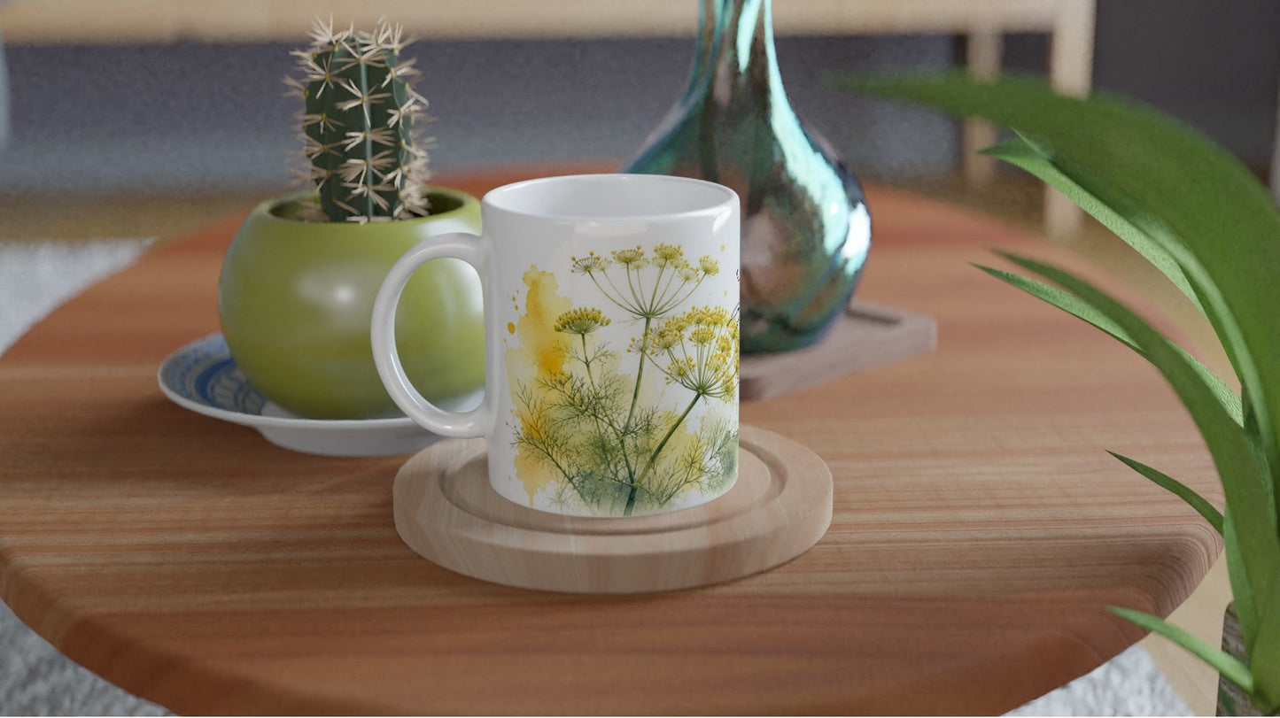 Detailreiche Aquarell Tasse mit Schwalbenschwanz, grünen Pflanzenstängeln und gelben Blüten.
