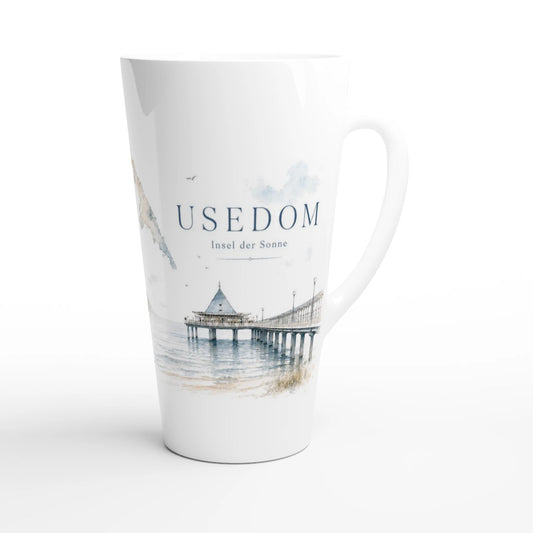 Usedom Latte Tasse mit Seebrücke Heringsdorf, Ostseewasser und dem Schriftzug Usedom – Insel der Sonne