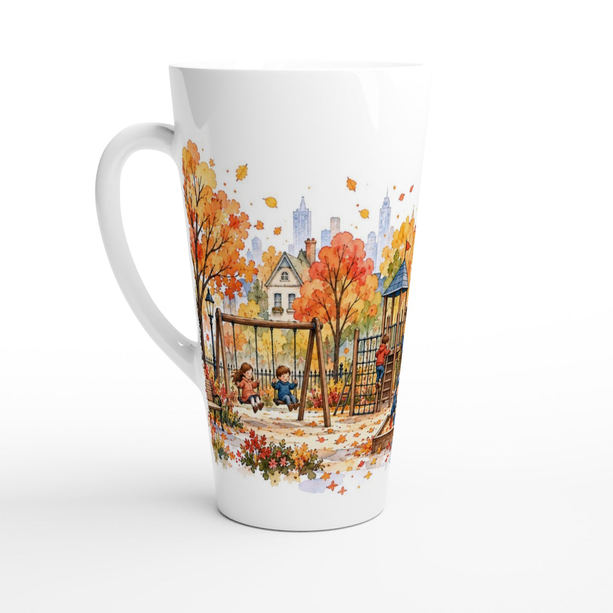 Hohe weiße Latte Tasse mit Aquarellillustration aus herbstlicher Stadtlandschaft, buntem Laub und New Yorker Hochhäusern