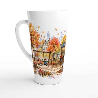 Hohe weiße Latte Tasse mit Aquarellillustration aus herbstlicher Stadtlandschaft, buntem Laub und New Yorker Hochhäusern