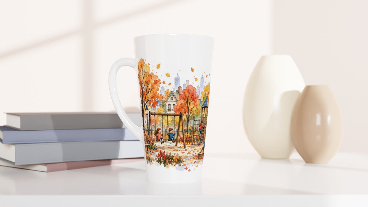 Weiße Latte Tasse 440 ml mit aquarellierter New-York-Parkszene, Schaukel, Kindern, Herbstlaub und Häuserfassaden