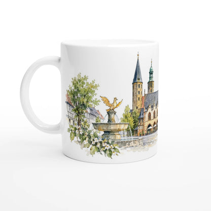 Goslar Keramiktasse 330 ml mit detailreicher Aquarellillustration der historischen Altstadt, Kirchtürmen, Marktbrunnen und Fachwerkhäusern