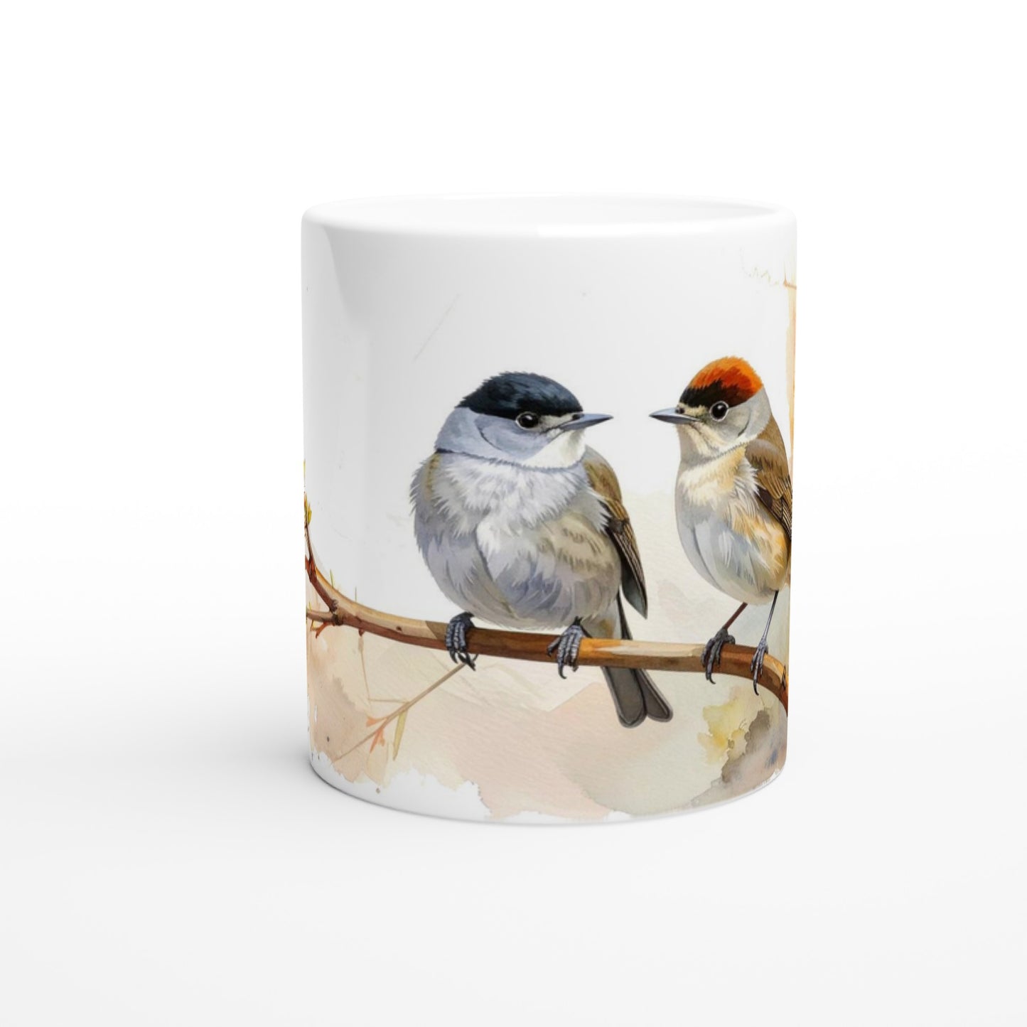 Mönchsgrasmücke Tasse 330 ml mit Vogelpaar auf einem Ast und feiner Naturillustration auf weißer Keramik
