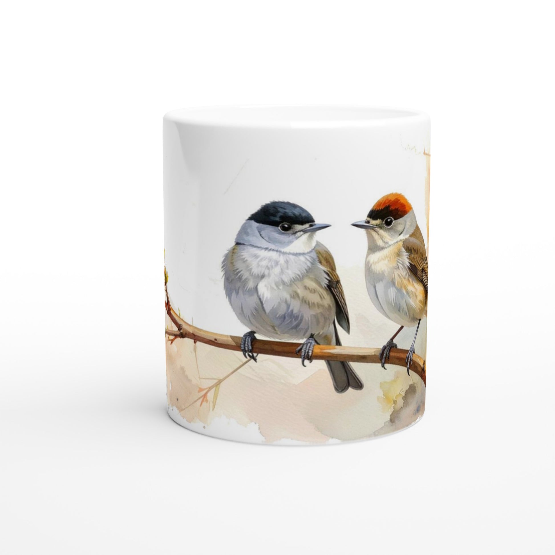 Mönchsgrasmücke Tasse 330 ml mit Vogelpaar auf einem Ast und feiner Naturillustration auf weißer Keramik