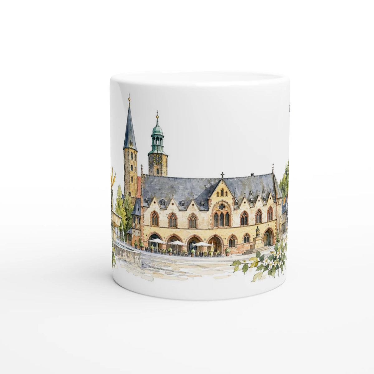 Aquarellillustration des Goslarer Marktplatzes mit historischem Marktbrunnen, goldenem Adler und detailreicher Altstadtarchitektur
