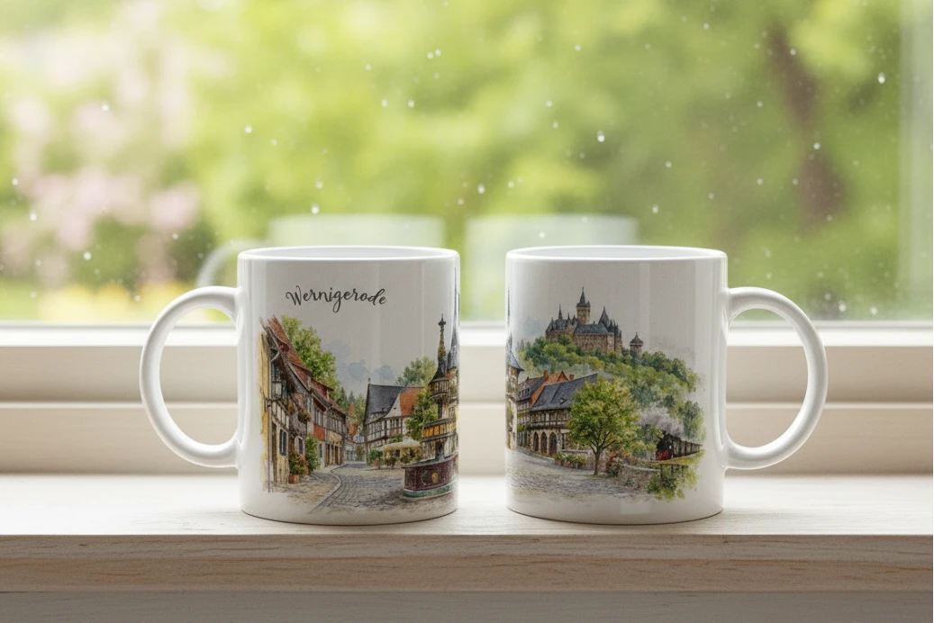 Aquarellmotiv von Wernigerode mit nostalgischer Dampflokomotive als Hinweis auf die Eisenbahnromantik und das Reisen durch den Harz