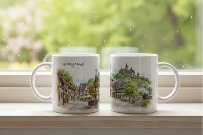 Aquarellmotiv von Wernigerode mit nostalgischer Dampflokomotive als Hinweis auf die Eisenbahnromantik und das Reisen durch den Harz