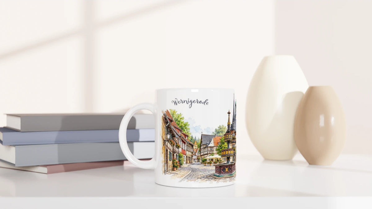 Detailreiche Aquarellillustration des Wernigeröder Rathauses mit historischem Marktbrunnen und Fachwerkarchitektur am Marktplatz