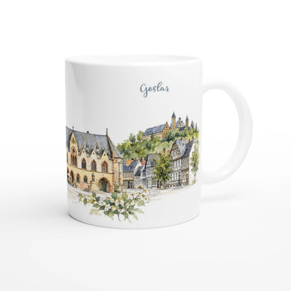 Goslar Stadtillustration mit markanten Kirchtürmen, historischem Zentrum und feiner Aquarellgestaltung in warmen Naturtönen