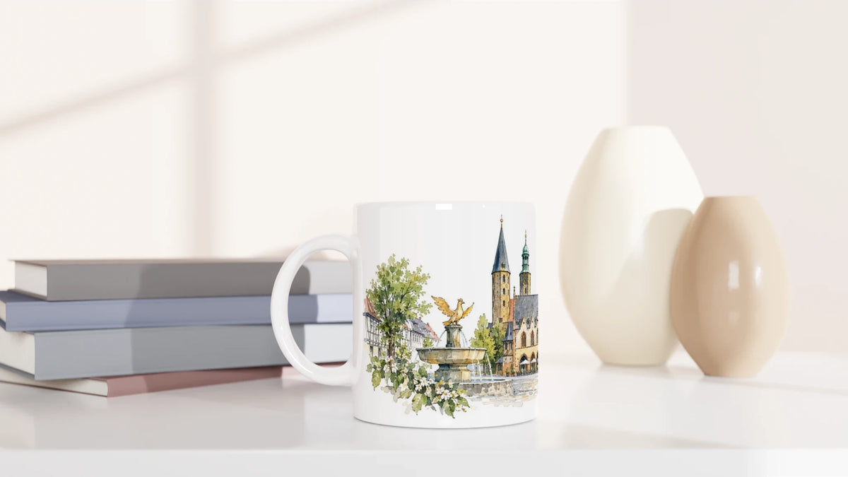 Goslar Keramiktasse als Geschenkidee für Harzliebhaber, Heimatverbundene, Reisende und Freunde historischer deutscher Stadtillustrationen