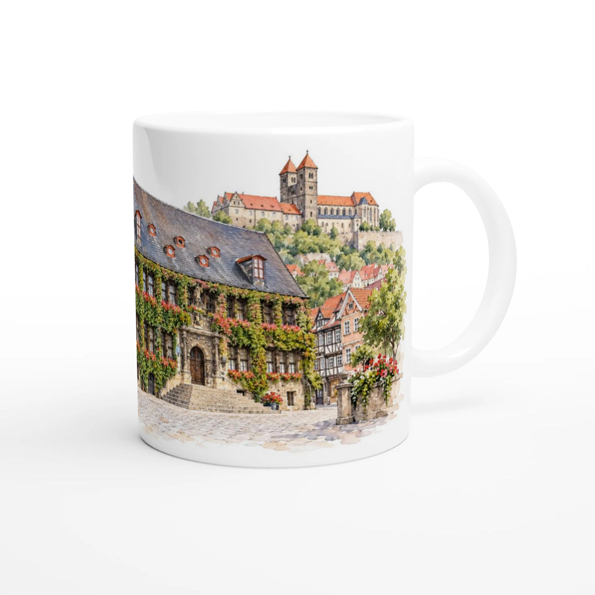 Malerische Fachwerkhaeuser in der Quedlinburger Altstadt mit schmalen Gassen, Blumenschmuck, steilen Daechern und historischen Fassaden in warmen Aquarellfarben