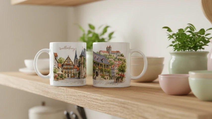Aquarellmotiv aus der Serie Harzgeschichten mit feinen Architekturzeichnungen, warmen Sandsteintoenen, begruentem Rathaus und farbenfrohen Blueten in Quedlinburg